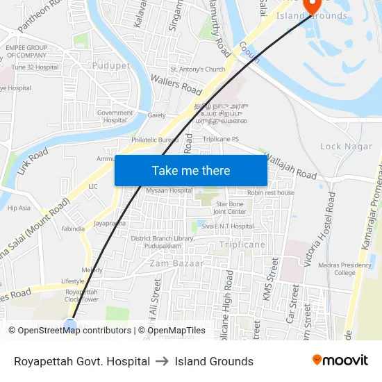 Royapettah Govt. Hospital to Island Grounds map