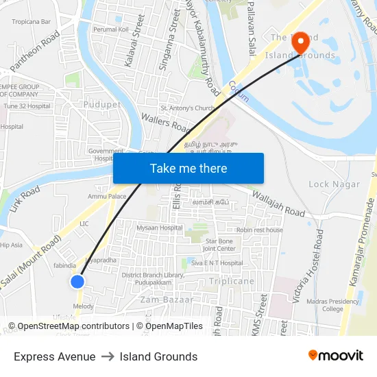 Express Avenue to Island Grounds map
