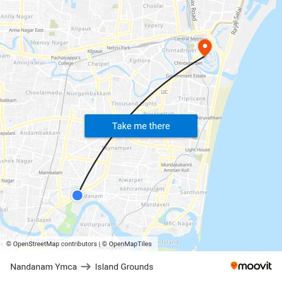 Nandanam Ymca to Island Grounds map