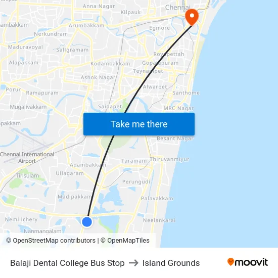 Balaji Dental College Bus Stop to Island Grounds map