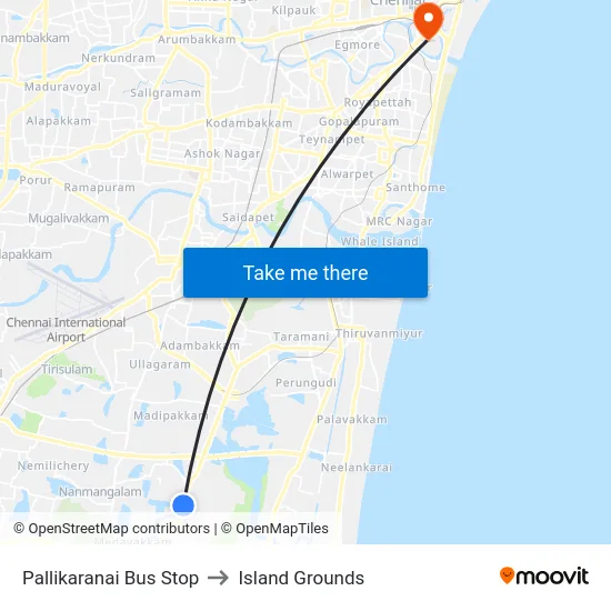 Pallikaranai Bus Stop to Island Grounds map