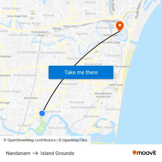 Nandanam to Island Grounds map