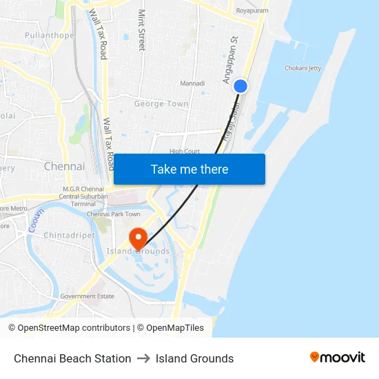 Chennai Beach Station to Island Grounds map
