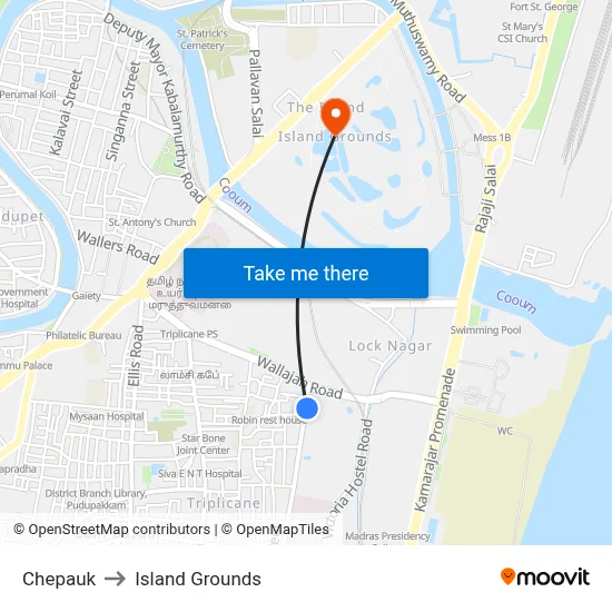 Chepauk to Island Grounds map