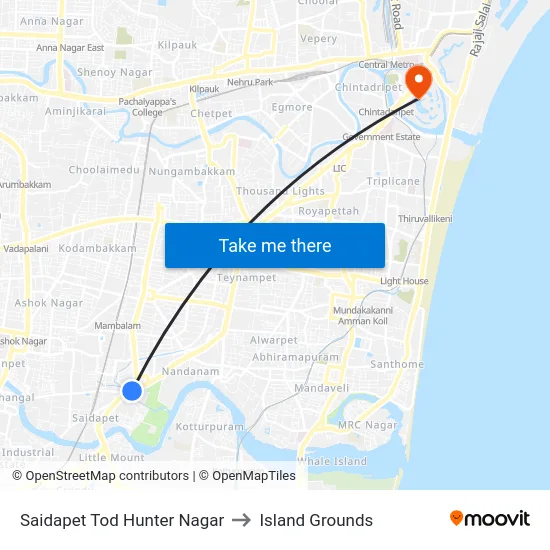 Saidapet Tod Hunter Nagar to Island Grounds map
