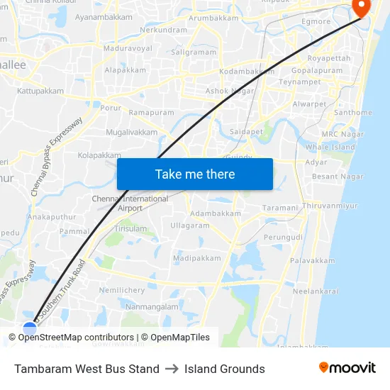 Tambaram West Bus Stand to Island Grounds map