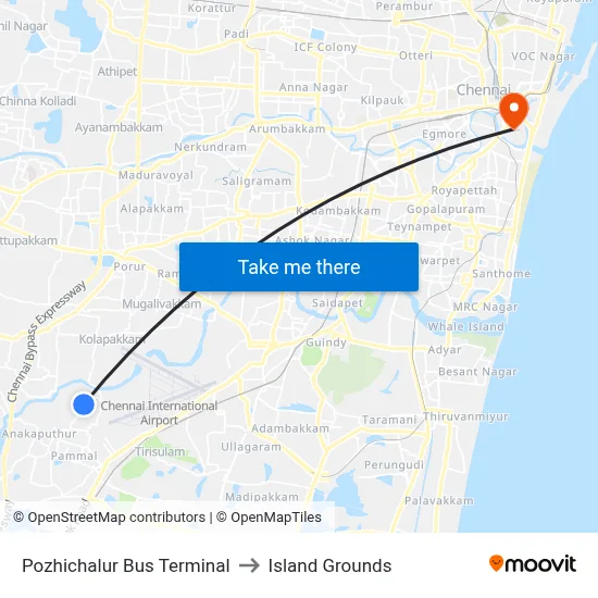 Pozhichalur Bus Terminal to Island Grounds map