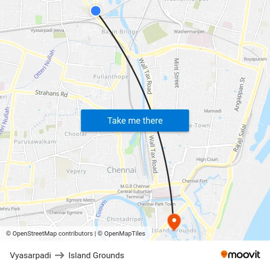 Vyasarpadi to Island Grounds map