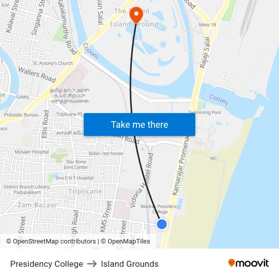 Presidency College to Island Grounds map