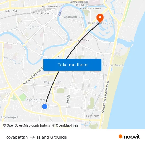 Royapettah to Island Grounds map