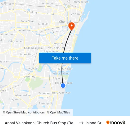Annai Velankanni Church Bus Stop (Besant Nagar Church) to Island Grounds map