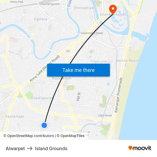 Alwarpet to Island Grounds map