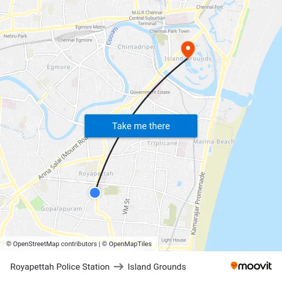 Royapettah Police Station to Island Grounds map