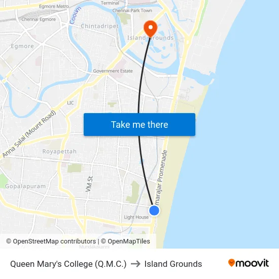 Queen Mary's College (Q.M.C.) to Island Grounds map