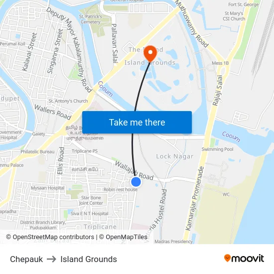 Chepauk to Island Grounds map