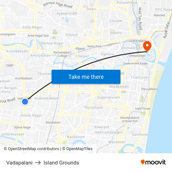 Vadapalani to Island Grounds map