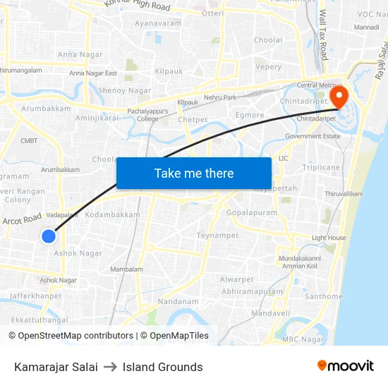 Kamarajar Salai to Island Grounds map
