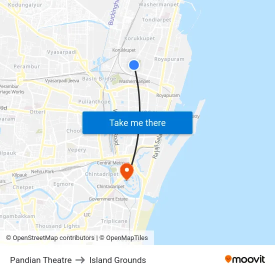 Pandian Theatre to Island Grounds map