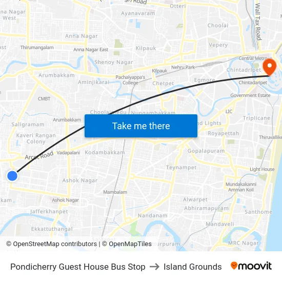 Pondicherry Guest House Bus Stop to Island Grounds map