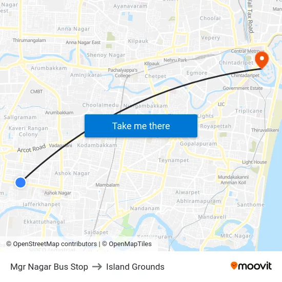 Mgr Nagar Bus Stop to Island Grounds map