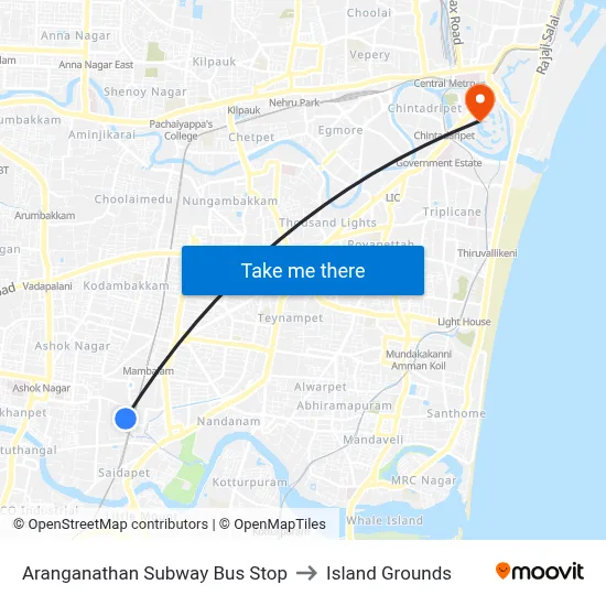 Aranganathan Subway Bus Stop to Island Grounds map