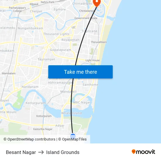Besant Nagar to Island Grounds map