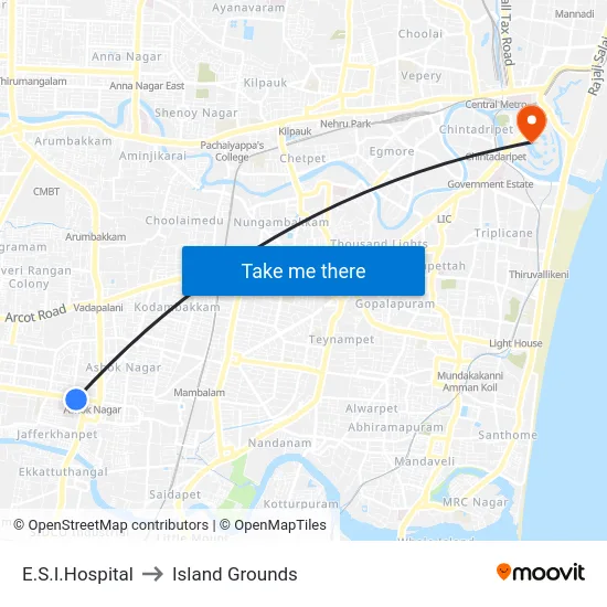 E.S.I.Hospital to Island Grounds map