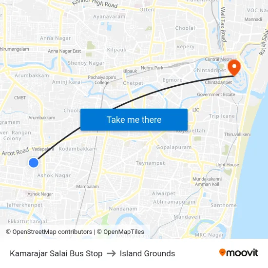 Kamarajar Salai Bus Stop to Island Grounds map