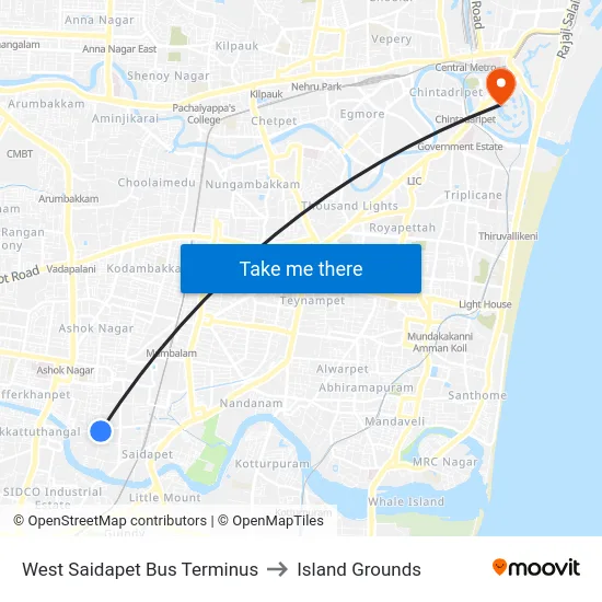 West Saidapet Bus Terminus to Island Grounds map