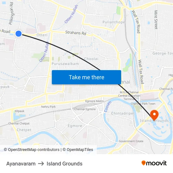 Ayanavaram to Island Grounds map