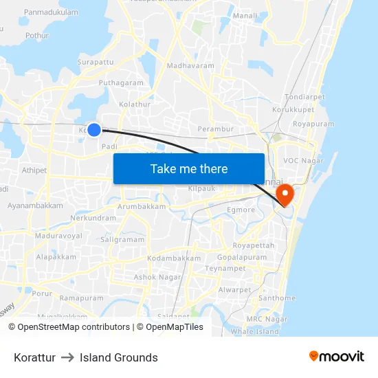 Korattur to Island Grounds map
