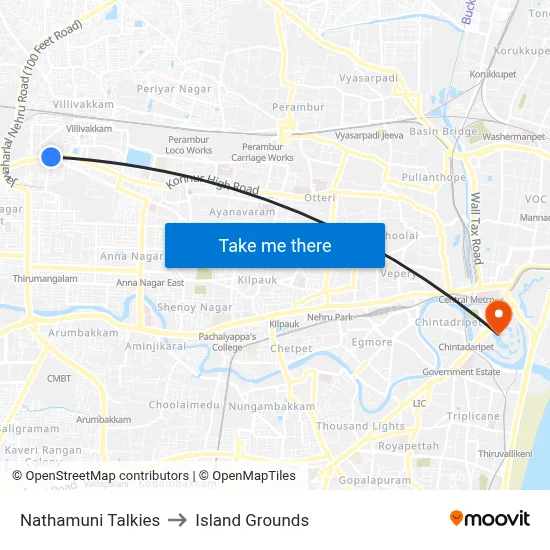 Nathamuni Talkies to Island Grounds map