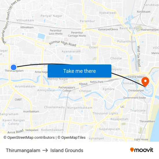 Thirumangalam to Island Grounds map
