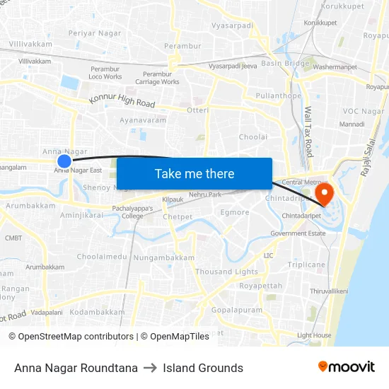 Anna Nagar Roundtana to Island Grounds map