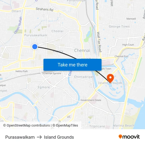 Purasawalkam to Island Grounds map