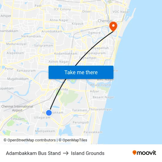 Adambakkam Bus Stand to Island Grounds map
