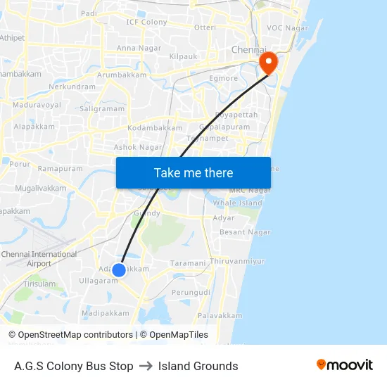 A.G.S Colony Bus Stop to Island Grounds map