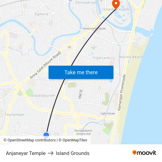 Anjaneyar Temple to Island Grounds map