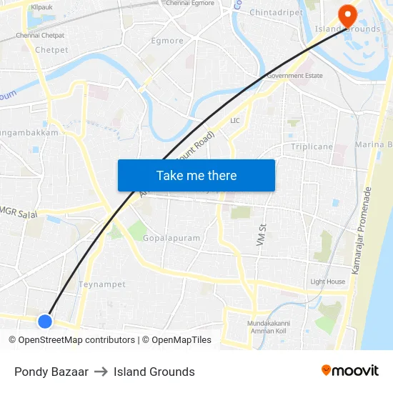 Pondy Bazaar to Island Grounds map