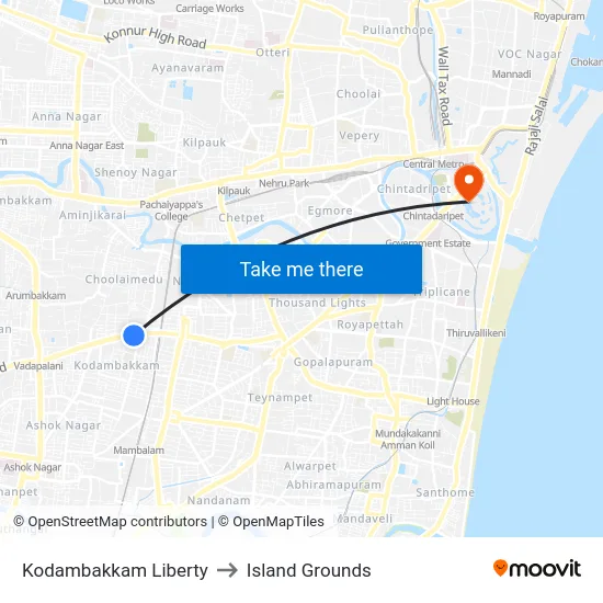 Kodambakkam Liberty to Island Grounds map