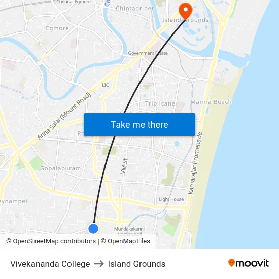 Vivekananda College to Island Grounds map