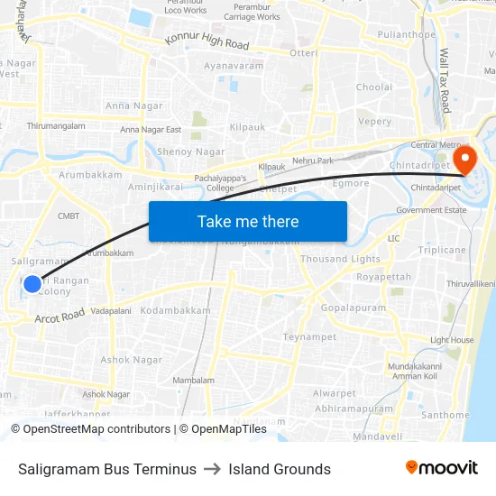 Saligramam Bus Terminus to Island Grounds map