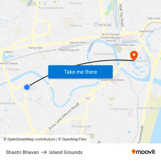 Shastri Bhavan to Island Grounds map