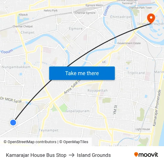 Kamarajar House Bus Stop to Island Grounds map
