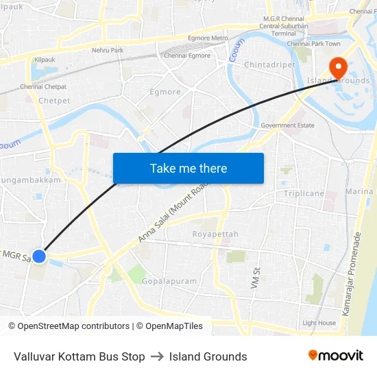 Valluvar Kottam Bus Stop to Island Grounds map