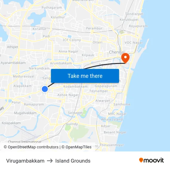 Virugambakkam to Island Grounds map
