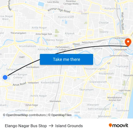 Elango Nagar Bus Stop to Island Grounds map
