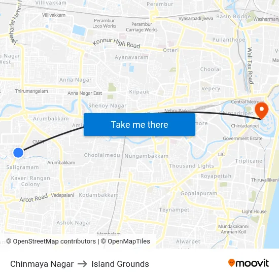 Chinmaya Nagar to Island Grounds map
