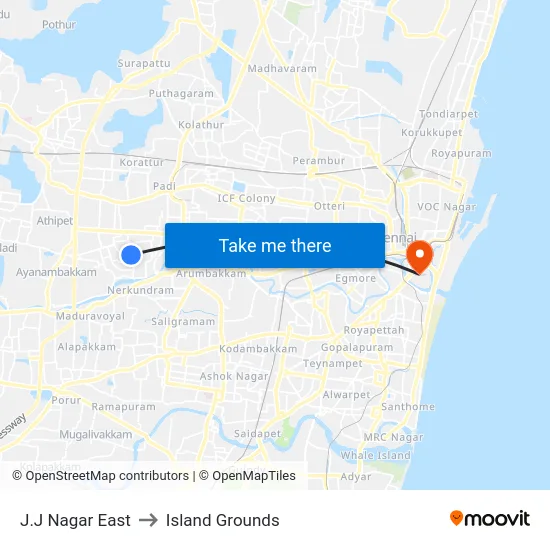 J.J Nagar East to Island Grounds map