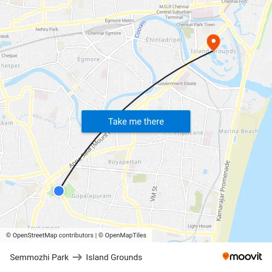 Semmozhi Park to Island Grounds map